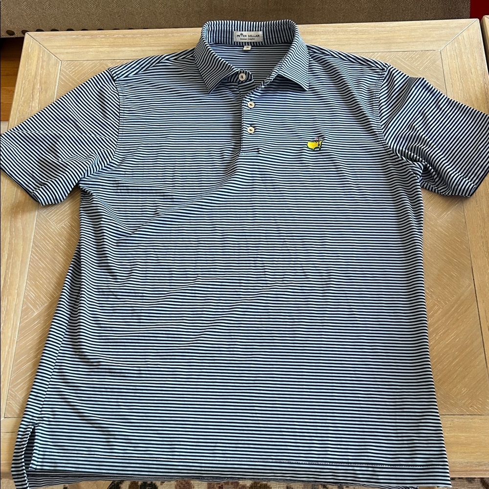 Peter Millar Navy & Light Blue Striped Polo with Masters Logo